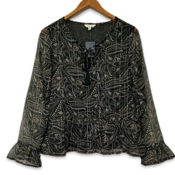 Lucky Brand Tops - NWT Lucky Brand Bohemian Paisley Metallic Long Sleeve Sheer Tassel Blouse, Small